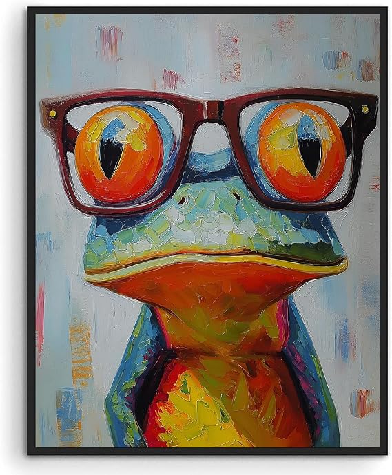 BACJUOPLDArt Frog Canvas Wall Art Funny Frog with Glasses Painting Funny Animals Pictures Animals with Glasses Prints Funny Colorful Pictures for Living Room 16x20inch No Frame