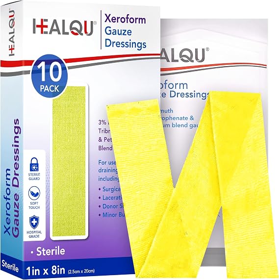 Healqu Medical Xeroform Petrolatum Dressing 1x8-50 Count - Non-Adherent Gauze Pad for Low Exudating Wounds - Fine Mesh Gauze Patch Sterile for Wound Care Lacerations, Burns & Skin Grafts