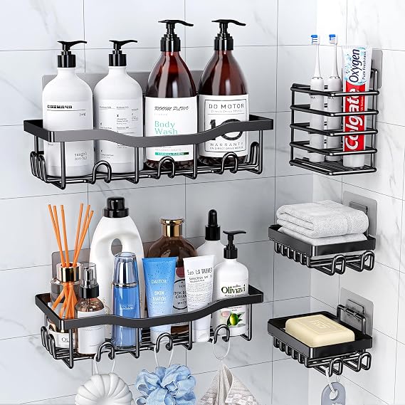 Deyhoc Rustproof Stainless Steel Shower Caddy 5 Pack - Black | Bathroom Storage Accessory Shelf Organiser No Drilling Hanging, Soap Toothbrush Holder Set, Kitchen Wall Mounted Corner Decor