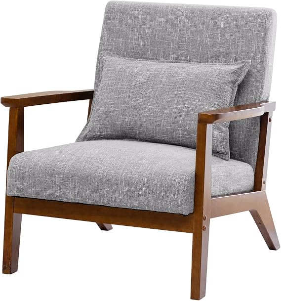 Mid-Century Modern Accent Chair, Fabric Reading Armchair, Easy Assembly, Lounge Chair for Living Room Bedroom (U202-1 Brown + Grey)
