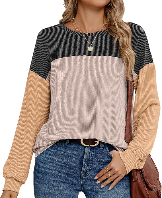 LOLILRSD Womens Long Sleeve Tops Crewneck Casual 2025 Fall Shirts Color Block Loose Tunic Tops