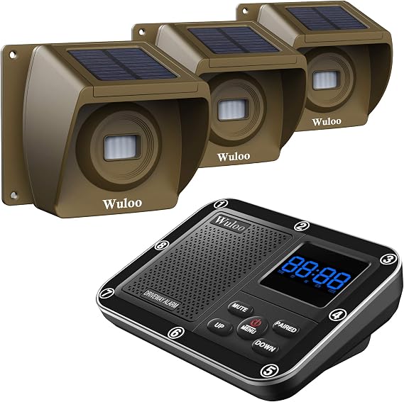 Solar Driveway Alarm Wireless Outside 1800ft Range, Outdoor Motion Sensor & Detector Driveway Alert System with Rechargeable Battery/Weatherproof/Mute Mode(1&3-Brown)