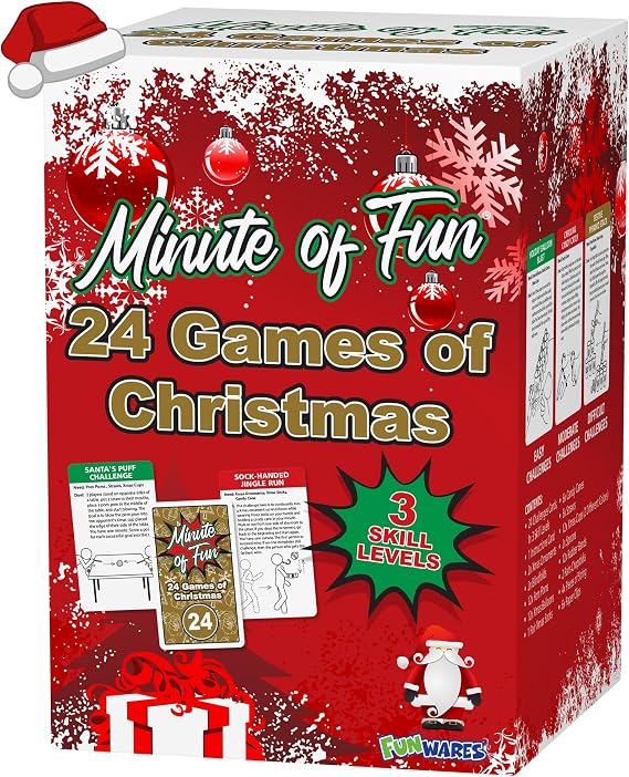 Funwares 24 Days of Christmas Games - Complete Advent Calendar, Christmas-Themed Minute to Win It Challenges for Kids, Teens & Families, 2-12 Players, Ready to Play Right Out of the Box! | One Challenge Per Day December 1-25, 3 Skill Levels for Kids, Teens & Adults, All Supplies Included in the Box