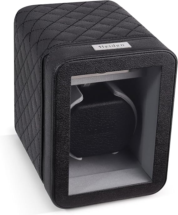 Heiden Monaco Watch Winder - Automatic Watch Winder for Automatic Watches, Rolex - Black Leather - Battery Powered or AC Adapter, 12 Program Settings, Diamond Stitched Vegan Leather