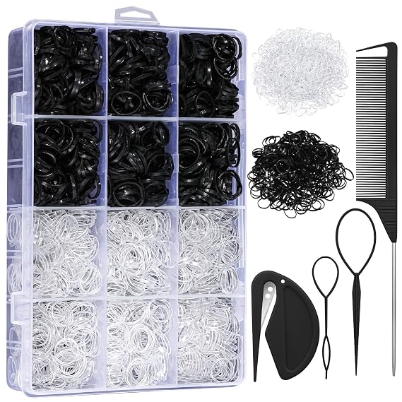 2200 Pcs Elastic Hair Bands with Hair Loop Styling Tool Set, Clear and Black Elastic Hair Ties with Rubber Band Cutter Organizer Box Hair Accessories for Toddler Baby Girl Women