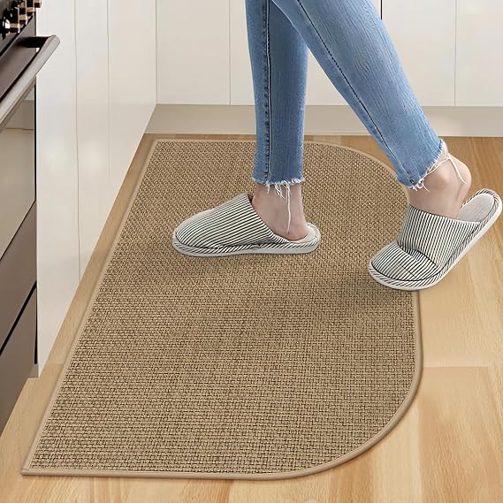 KIMODE Washable Kitchen Rugs Non Slip, Farmhouse Half Circle Kitchen Rugs, Absorbent Kitchen Mats for Floor 18"X27", Kitchen Floor Mat for Front of Sink, Entryway, Laundry Room Khaki