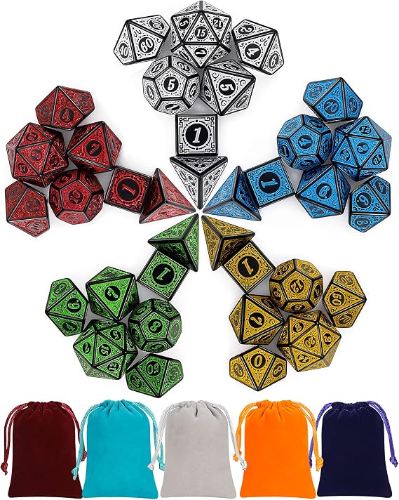 QMAY Polyhedral Dice Set - 5 Colors Vintage Engraving Series DND Dice