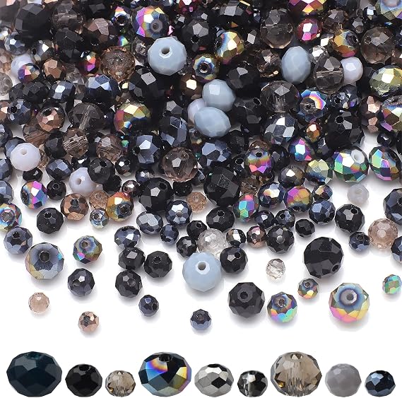 Faceted Rondelle Glass Beads for Jewelry Making, Black Series | 1000pcs, 4/6/8mm Assorted Sizes, Crystal Spacer Beads, for DIY Bracelets Necklaces Earrings, Craft Supplies