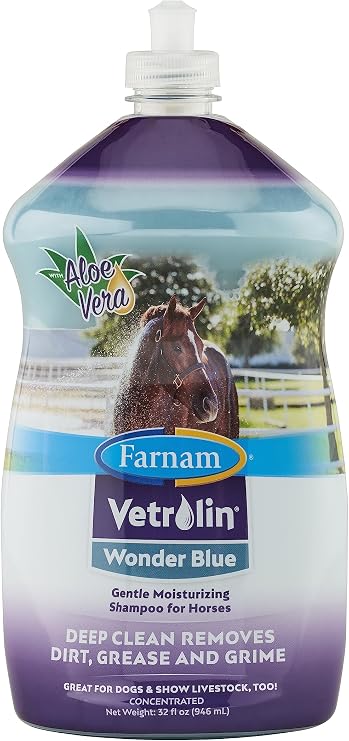 Farnam Vetrolin Wonder Blue Gentle Moisturizing Shampoo for Horses 32 oz | Deep-Cleaning Shampoo,Helps Eliminate Dry, Flaky Skin,Formulated for use on horses, ponies, show cattle & dogs