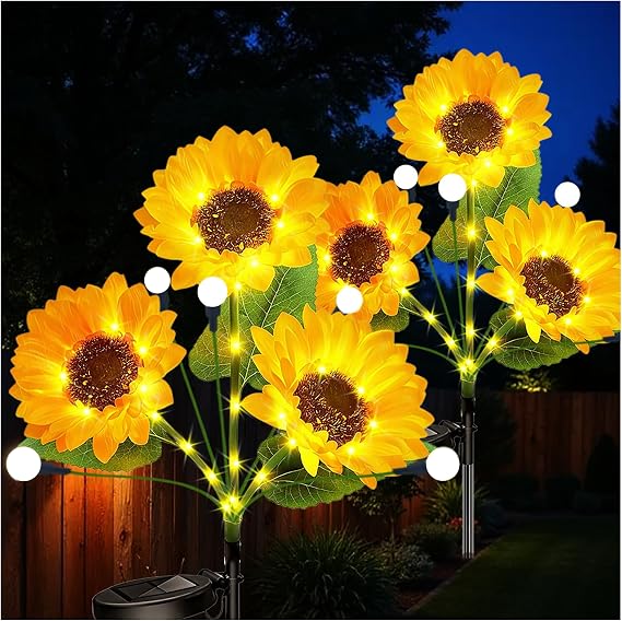Sunflower Solar Lights Outdoor Decorations - 2 Pack Fabric Sunflower Firefly Lights with 1000mAh Solar Powered, Birthday Gifts for Mother Women, Waterproof Flower Pathway Light for Garden Yard Decor