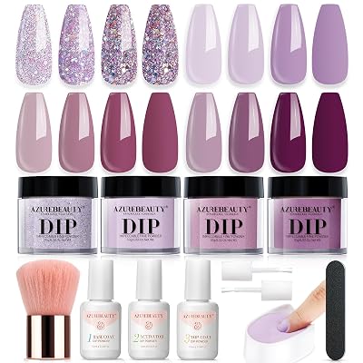 AZUREBEAUTY Dip Powder Nail Kit Dark Purple Lilac Purple Glitter 4 Colors Dip Liquid Set with BaseTop Coat Activator for French Art Manicure DIY Gift