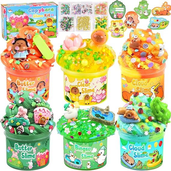 LAWOHO 6 Pack Capybara Slime Kit, Cloud Butter Clear Crunchy Slime with Slime Add-Ins, Non-Sticky Bingsu Slime Toys for Stress Relief, DIY Capybara Party Favors for Birthday Goodie Bag Stuffers