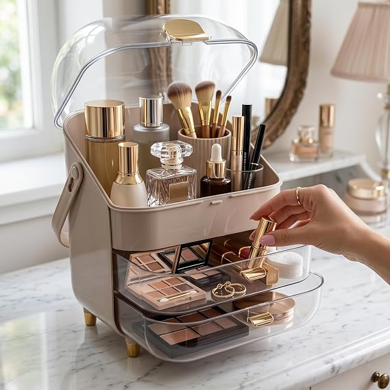 Premium Çekmeceli ve Kapaklı Taşınabilir Makyaj ve Kozmetik Düzenleyici, Pembe ve Milky Coffee Renk Seçenekleri, Altın Aksesuarlı (Sütlü Kahve)