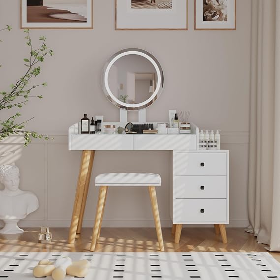 Modern LED Dressing Table with Glass Top Extendable Side Table 5 Drawers Mirror & Stool for Bedroom Girls Room - Touch Control Adjustable Brightness 3 Light Modes USB Powered
