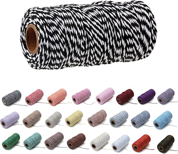 1 Roll 2mm 109 Yard Colourful Cotton Cord Bakers Twine DIY Crafts Gift Wrapping Christmas Wedding Home Decor String Rope (Black+White)