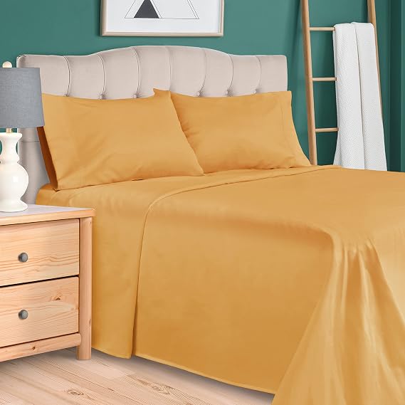 Superior 300 Thread Count Egyptian Cotton Sheet Set, Elastic Fitted Sheet, Flat Sheet, 2 Pillowcases, Queen, Gold