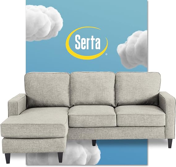 Serta Harmon Reversible Sectional Sofa, Modern L-Shaped Couch for Small Spaces, Soft Fabric Upholstery, Square Arm, Pillow Back Cushions, Light Gray