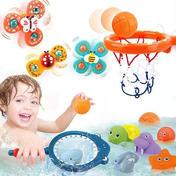 Bath Toys Playset with Basketball Hoop, Fishing & Spinning Top Game | bath toy set, basketball hoop suction cups, fishing game, sensory spinning top, BPA-free, bath time fun for toddler ages 1-5