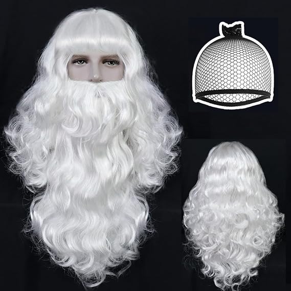 Silver Wigs with Beard Old Mens Wig Cosplay White Beard Wigs | +Hair Cap Old People Synthetic Hair White Beard and Wig Set for Christmas Outfit Mens Halloween Party Costume