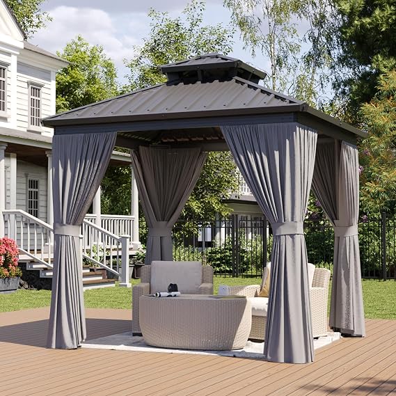Aoxun 8X 8Ft Hardtop Gazebo Metal Gazebo with Galvanized Steel Double Roof