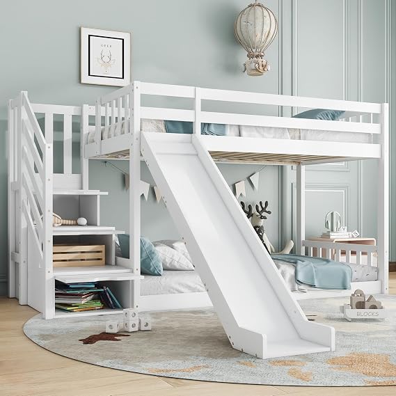 Double Bed Bunk Bed, 3ft Single Wooden Bunk Beds With Stairs and Slide, Twin Sleeper Kids Loft Bed with 2 Drawers in the Steps, Wooden Cabin Bed Frame For Kids Children Teens, White, 190x90 cm