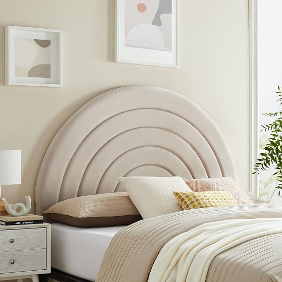 Modway Solana Soft Arch Shaped Round King Headboard in Almond Upholstered Headboard Stain-Resistant Performance Velvet Headboard for King Size Beds