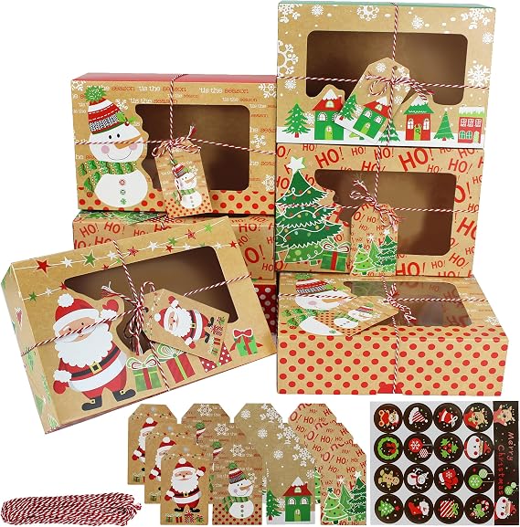 12Pcs Christmas Cookie Boxes, 21.5 x 14.5 x 6.3cm Christmas Kraft Cake Treat Boxes for Holiday Party Supply ﻿