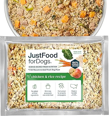 JustFoodForDogs Frozen Fresh Dog Food, Complete Meal or Topper, Chicken & Rice Human Grade Recipe, 18 oz Pack of 7
