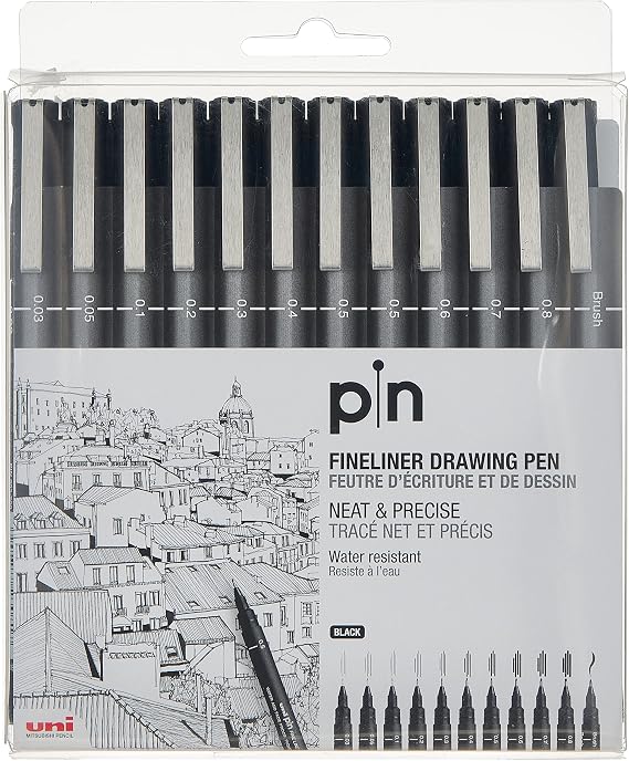 Uni Pin Fineliner Drawing Pen Set 12 Black