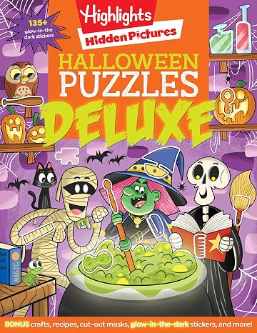 Halloween Puzzles Deluxe: Jumbo Halloween Gift for Kids with Seek and Find Puzzles, Over 600 Hidden Objects, 135 Glow-in-the-Dark Stickers, Recipes and Crafts (Highlights Hidden Pictures)