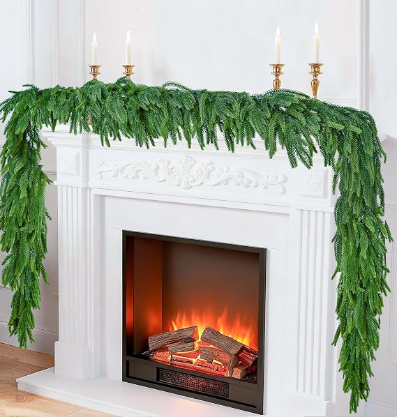 2 Pcs 6 Ft Christmas Garland Real Touch Norfolk Pine Garland Christmas Decorations Faux Realistic Winter Pine Garlands for Mantle, Table, Stairs, Doorframe, Fireplace Indoor Outdoor Holiday Xmas Decor