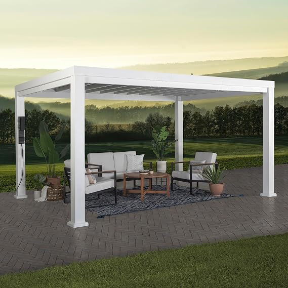 Backyard Discovery Windham 14' x 12' Modern Galvanized Steel Pergola Kit with Shade Sail Canopy, All-Season Durability, PowerPort, High-Wind Rating for Outdoor Patio, Garden, Deck, Entertaining