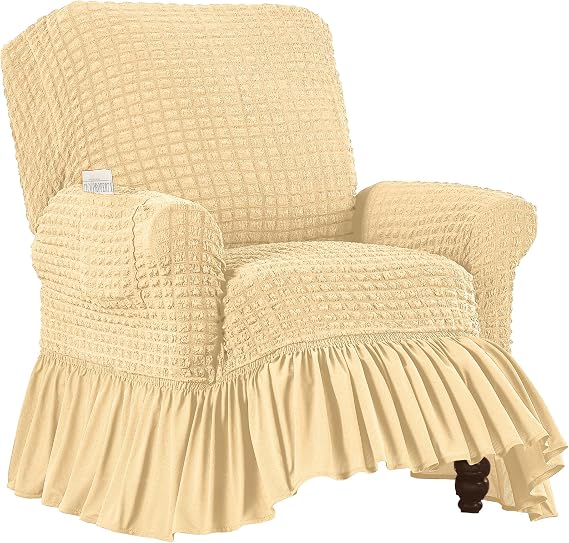Collections Etc Textured Squares Ruffled Slipcover Beige Recliner