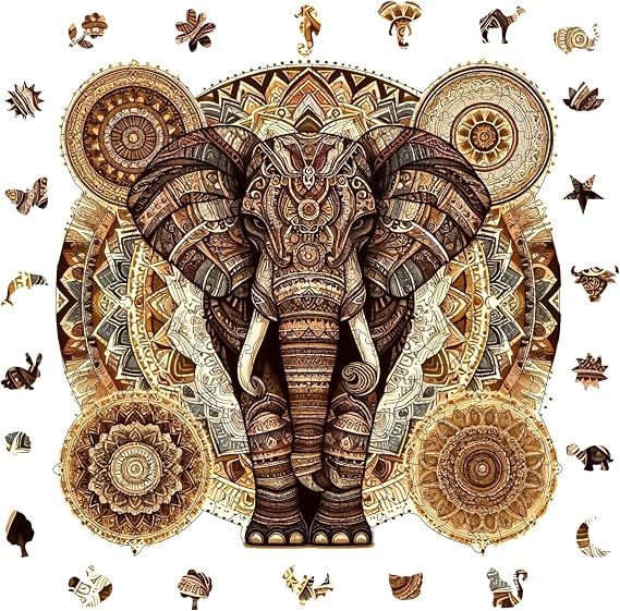 Ahşap Puzzle Yetişkin - Majestik Mandala Fil - 250 Parça, 29 x 28 cm - Yapıştırıcı Folyo Dahil - Benzersiz Şekilli Parçalar & Özel Figürler - WZ-04