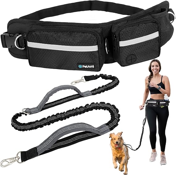 PetAmi Hands Free Dog Leash, Dog Running Leash Belt Bag for Walking, Jogging, Dog Waist Double Zipper Pouch with Poop Bag Dispenser, Dual Padded Handles Reflective Bungee Leash, Single (Black)