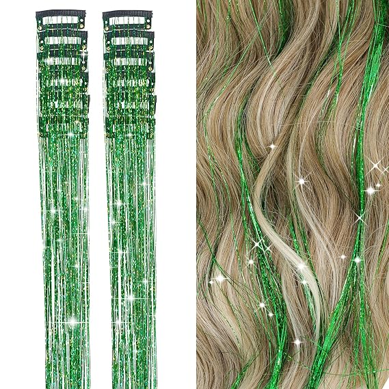 12Pcs Hair Tinsel Clip in 19.6Inch Glitter Tinsel Hair Extensions Heat Resistant Shiny Sparkle Fairy Hair Tinsel Kit for Women Girls (Green)