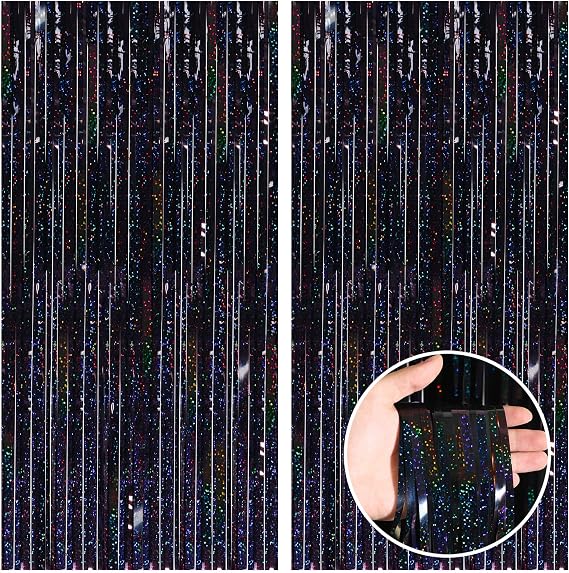 CANREVEL 2 Pack 3.3x8.2 Feet Laser Black Foil Fringe Backdrop Curtains, Tinsel Streamers Birthday Party Decorations, Fringe Backdrop for Graduation, Halloween, Happy New Year, Disco Party | 3.3x8.2 Feet Foil Fringe Tinsel Streamers Backdrop for Graduation, Halloween, Happy New Year, Disco Party