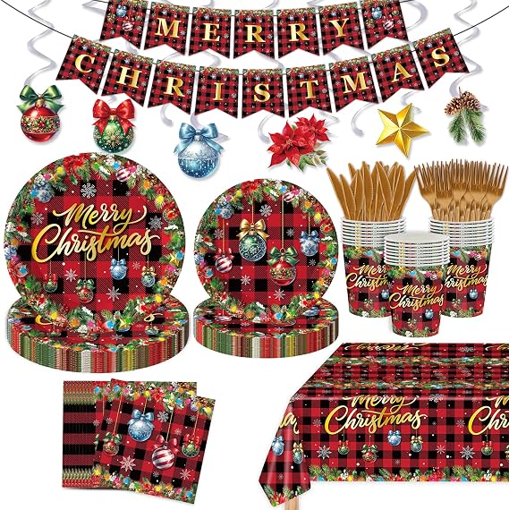 132 Pcs Christmas Party Supplies,Cute Christmas Tree Theme Party Decoration Disposable Plates, Disposable Dinner Dessert Napkins Tableware Decorations For Serves 20