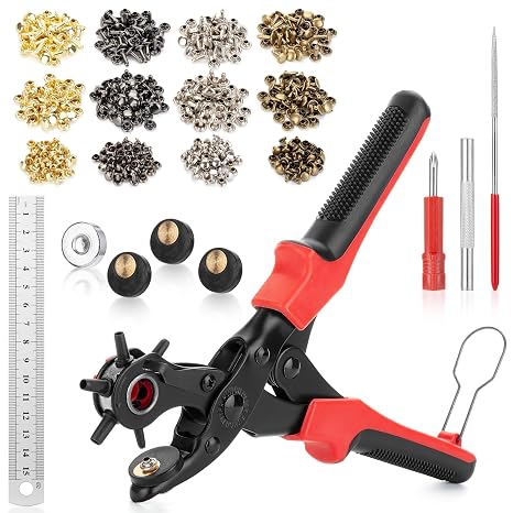 UNCO- Leather Hole Punch Tool Set with 240 Leather Rivets, Red Handle, Multi Punch Sizes, Rotary Belt Hole Puncher for Leathers, Belts, Straps, Pet Collars, Shoes, Saddles, Canvas & DIY Crafts