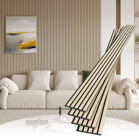 POHARE 4 Pack Wood Slat Wall Wood Paneling,95 x 8 in Soundpoof Wooden Engineered Wooden Slat Wall Panels,Stylish Acoustic Wall Panels for Interior Walls Decor with Felt Backing,Natural