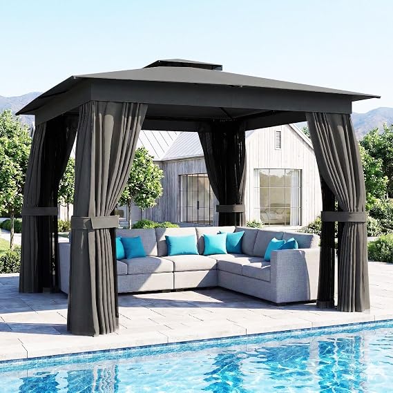 Outsunny 10' x 10' Outdoor Patio Gazebo with Double Roof, Dark Gray