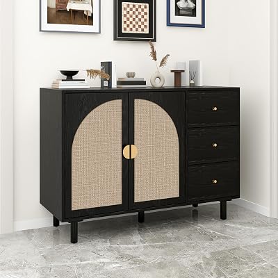 Black Rattan Storage Buffet Cabinets with 2 Door 3 Draws,Sideboard Storage Cabinet with Solid Pine Leg,Accent Cabinet,Boho Wood Credenza Cabinet Suitable for Kitchens,Bathrooms,Reception Rooms,Hallway