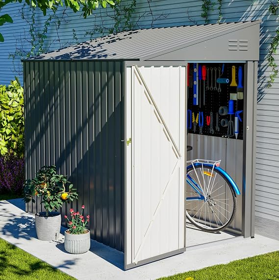 YOPTO 4x7 FT Outdoor Storage Shed Lean to Shed,Metal Shed W/Lockable Door & Air Vent,All Weather Waterproof Garden Tool House W/Reversible Installation,for Backyard,Patio,Lawn,Dark Gray