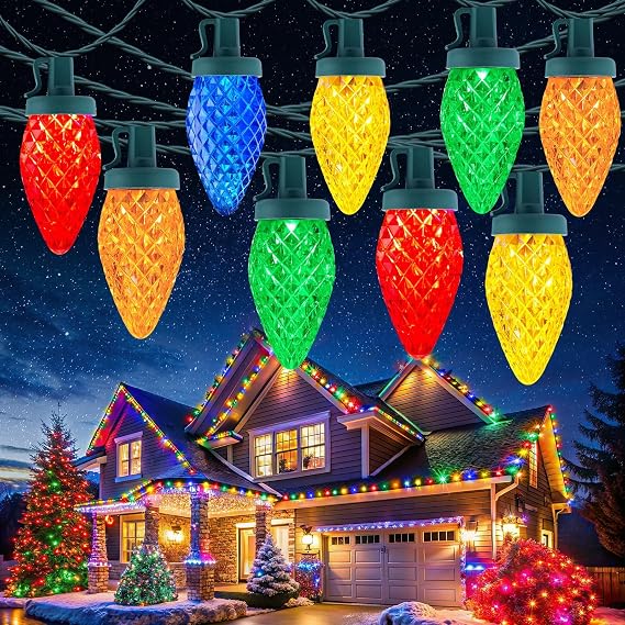 C9 Christmas Lights Outdoor, 114FT 150 LED C9 String Lights, Multicolor | Timer & 8 Light Modes, Waterproof Commercial Grade Connectable Christmas Tree Lights for Indoor Outside Roofline Patio