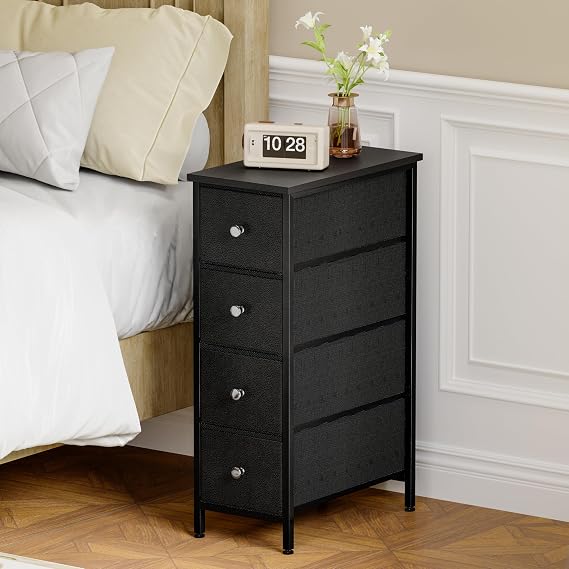 Fixwal Narrow Storage Cabinet, Slim Dresser with 4 Fabric Drawers, Black