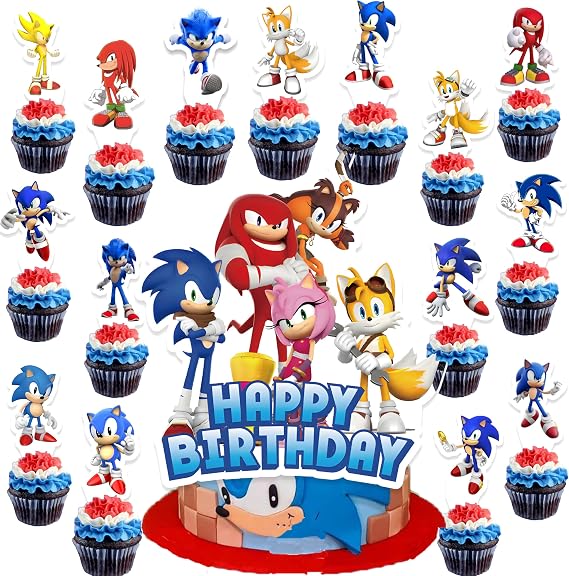 31 Pcs Sonic Cake Toppers, Cupcake Toppers, Cake Decorations, Birthday Party Supplies