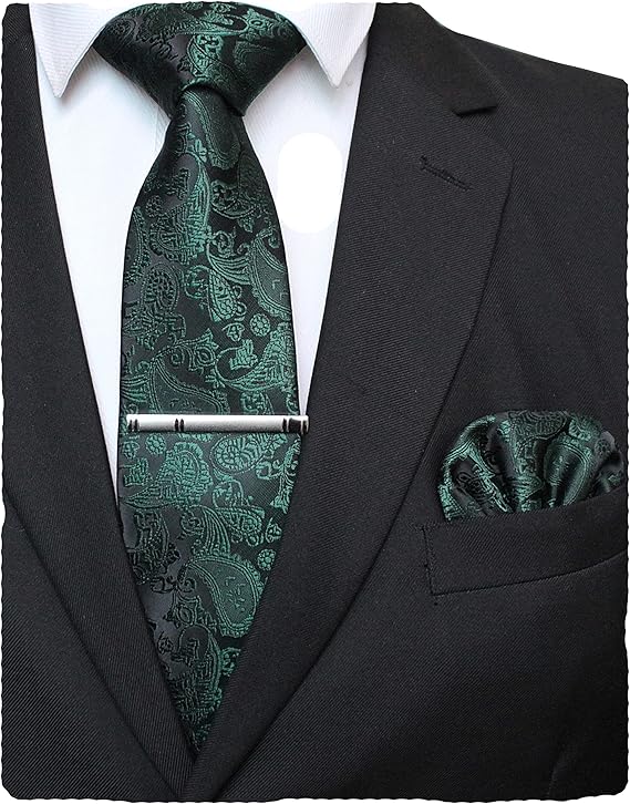 JEMYGINS Mens Solid Color Paisley Necktie and Pocket Square with Tie Clip Sets