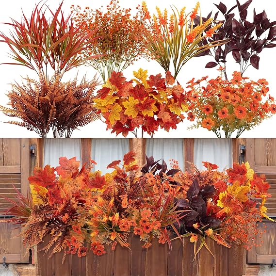 24 Pcs Artificial Fall Flowers Fake Mums for Decoration Outdoor | UV resistant, silk flowers, plastic plants, for indoor outside autumn Thanksgiving garden yard window box home decor