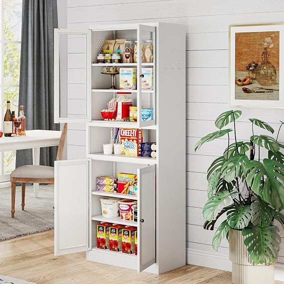 Cabinet, 72" H Storage Cabinet with Glass Doors and Adjustable Shelves, Spacious Cupboard with 2 Handles, Metal Kitchen Cabinet for Dining Room, Living Room, White