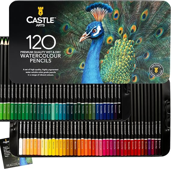 Castle Art Supplies 120 Watercolor Pencils for Adults - Professional Grade | Vibrant pigments for blending, drawing, and painting - professional-grade quality - beautifully presented in a tin case
